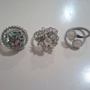 Vintage Bundle Sarah Coventry Silver Multicolor Rhinestone Pearl Ring Set Size 6